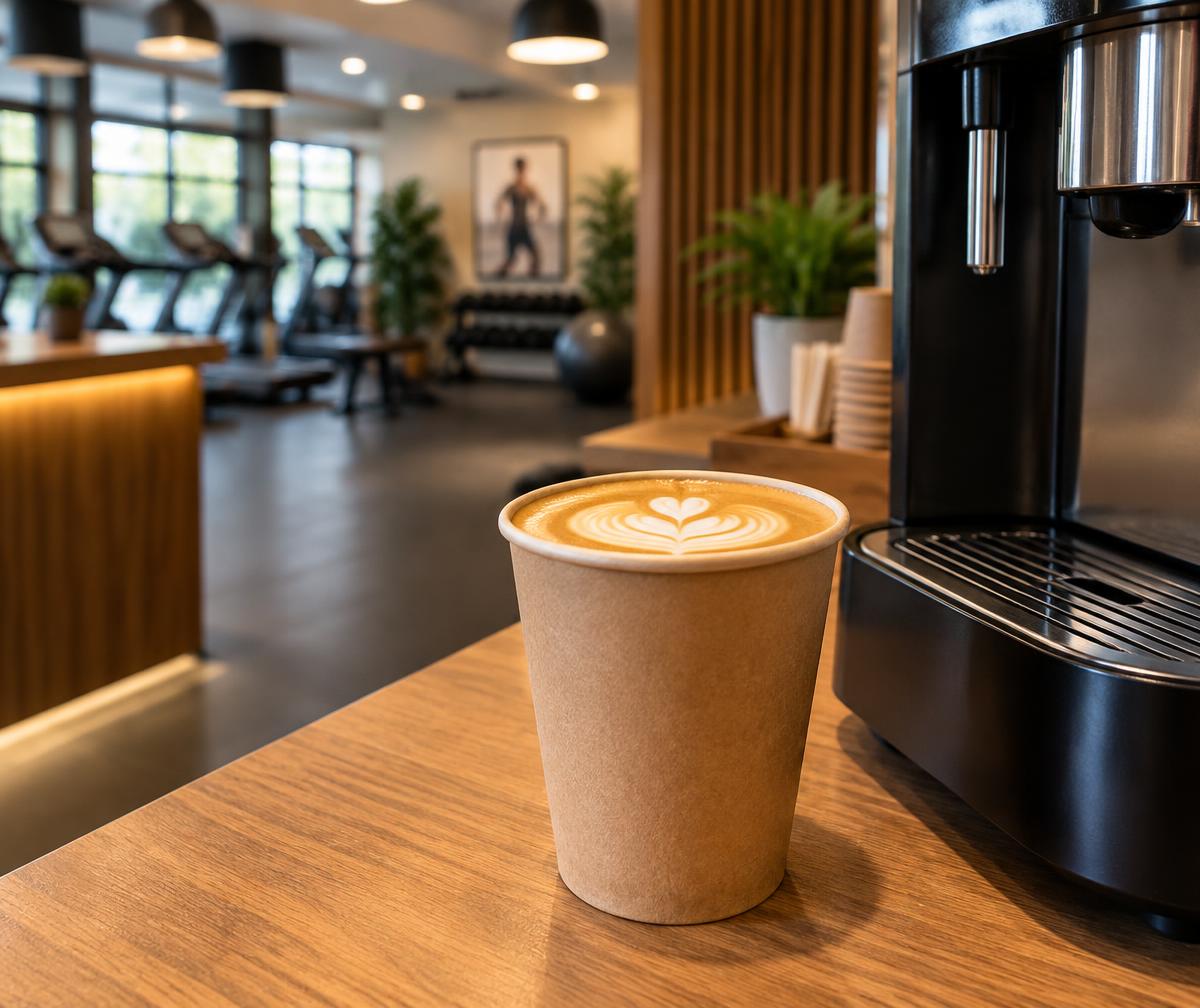 Latte from a self-serve coffee machine in a leisure club
